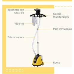 HomCom Stiratrice A Vapore Verticale Professionale 1.4L 1800W, Giallo -Pulizia Della Casa 10657268 5