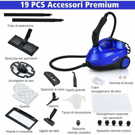 COSTWAY 2000W Pulitore A Vapore Con 19 Accessori E Serbatoio Da 1,5L, Vaporetto Per Tappeti, Per Pulizie Profonde Pavimenti Finestre E Macchine (Blu) 4 COSTWAY 2000W Pulitore A Vapore Con 19 Accessori E Serbatoio Da 1,5L, Vaporetto Per Tappeti, Per Pulizie Profonde Pavimenti Finestre E Macchine (Blu) - immagine 2
